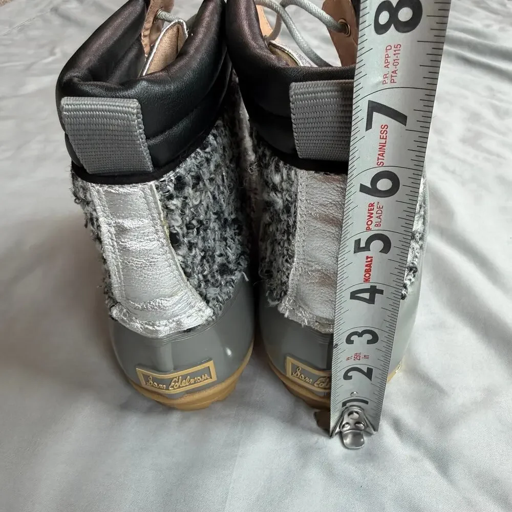 Sam Edelman Rain Boots Women's 8 Gray Silver Duck Boots Lace Up Tweed Waterproof